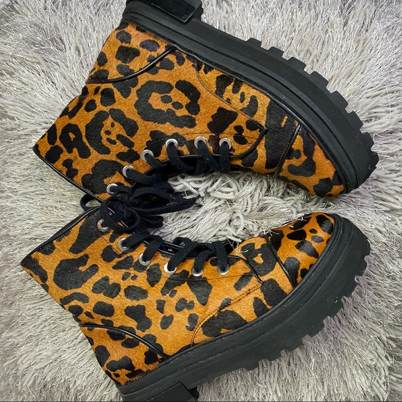 SCHUTZ Maylova Leopard Calf Hair Combat Womens Ankle Boots - Picture 5 of 15